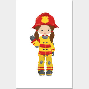 Girl Fireman, Female Firefighter, Brown Hair Posters and Art